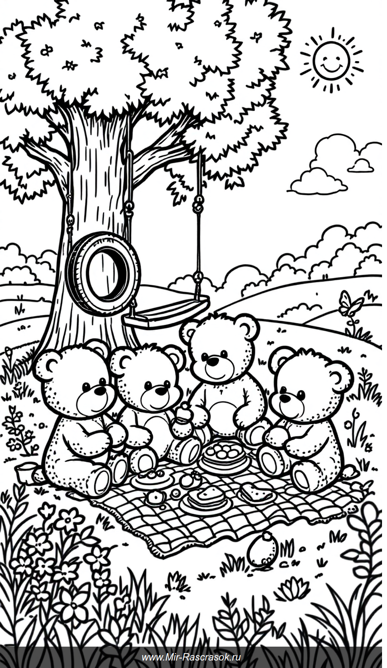 Дружные медвежата на пикнике в солнечной лужайке для раскрашивания