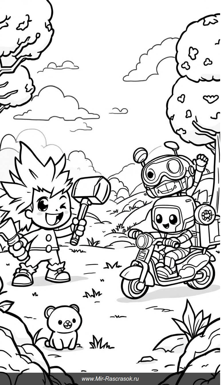 Веселая раскраска с персонажами Brawl Stars на детской площадке