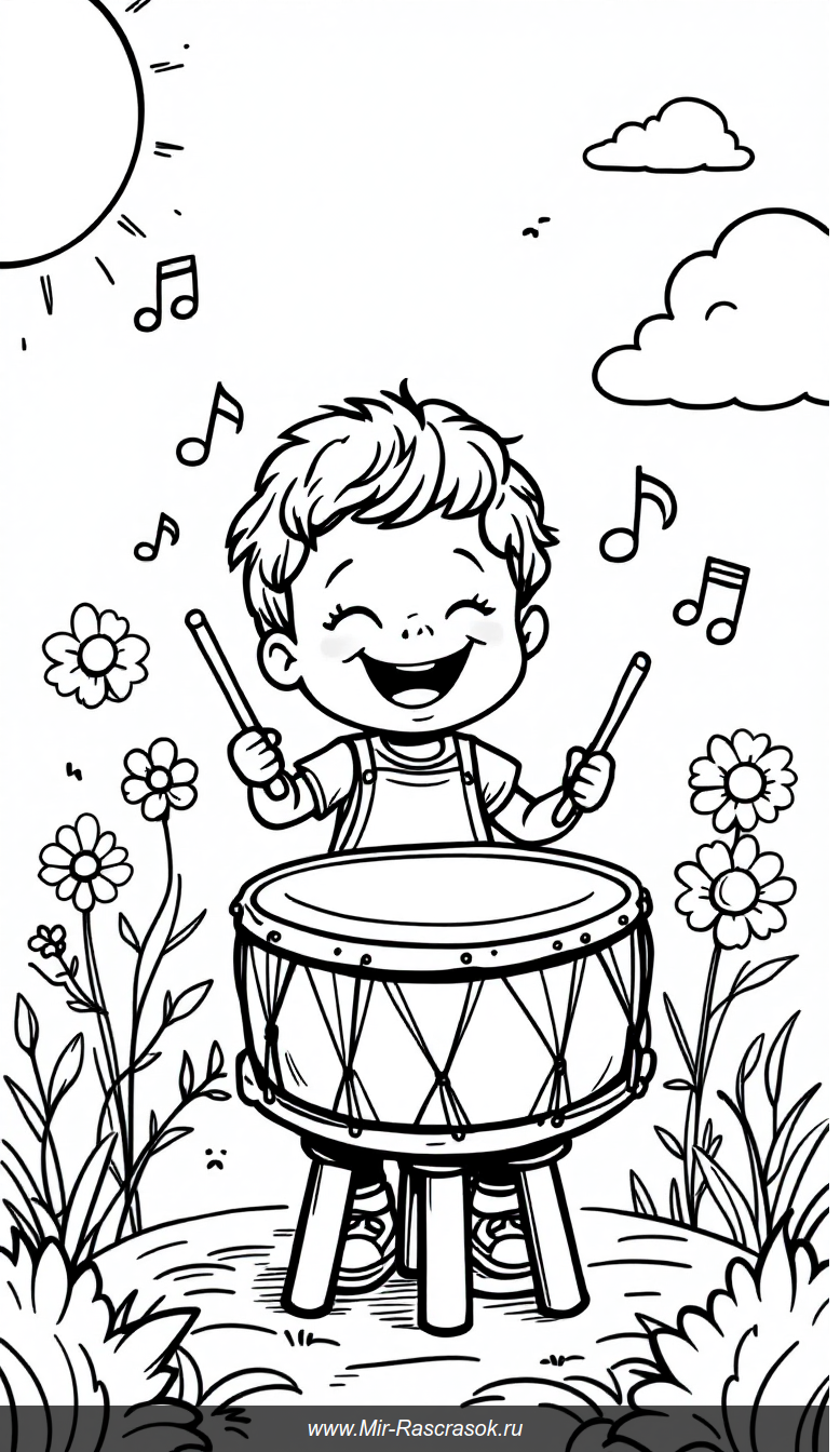 Весёлая раскраска с малышом и большим барабаном на природе