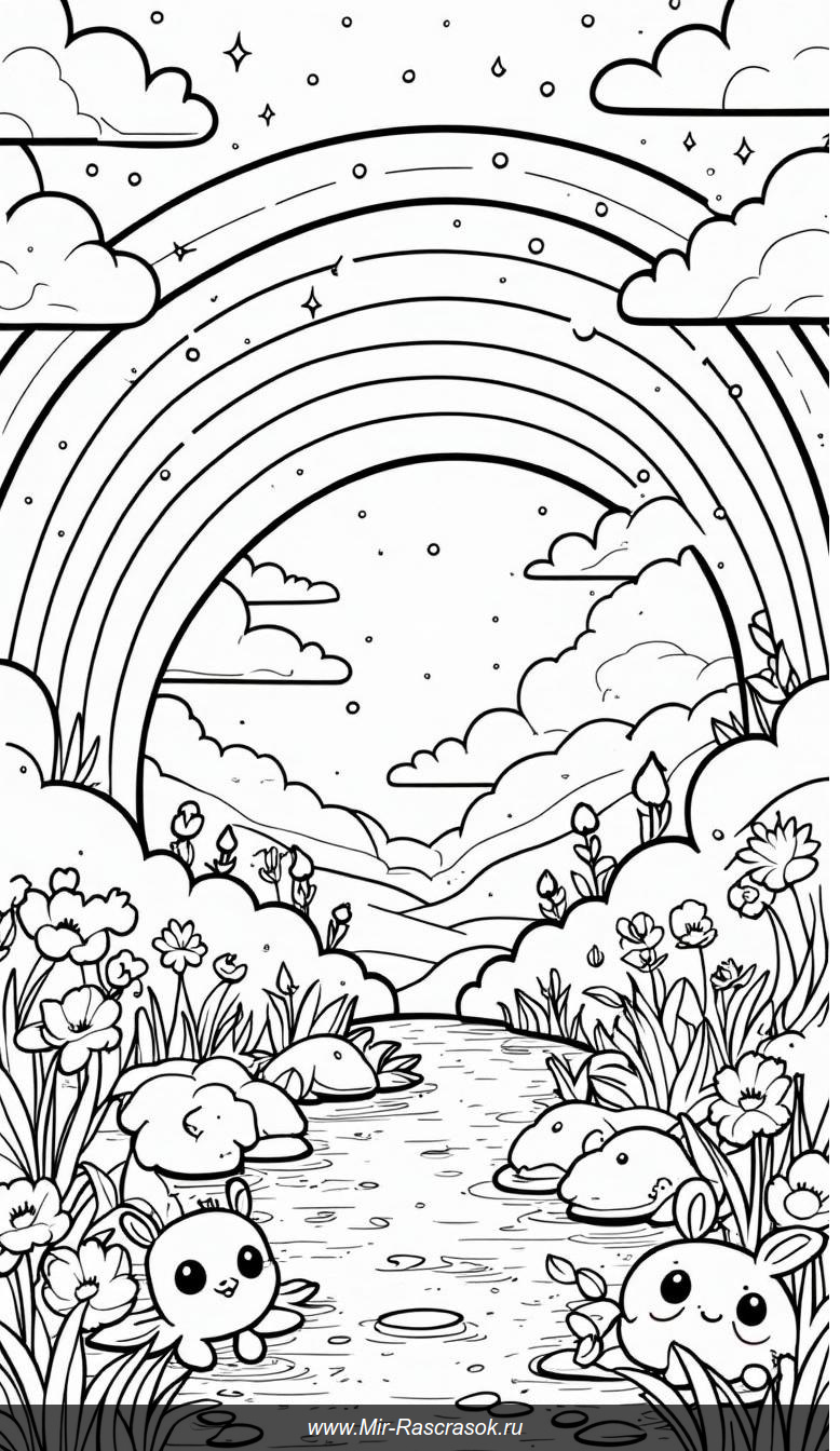 Раскраска яркой сцены с радугой и забавными животными