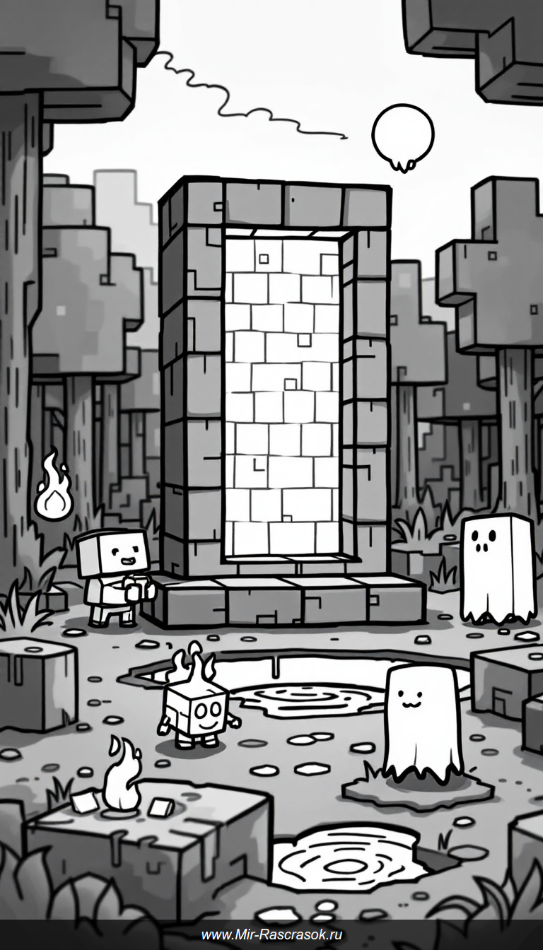 Раскраска майнкрафт с порталами в Нижний мир и дружелюбными существами