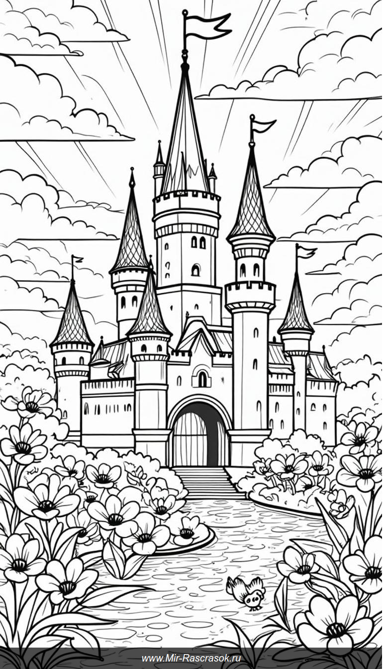 Сказочный замок и магический мир раскраски