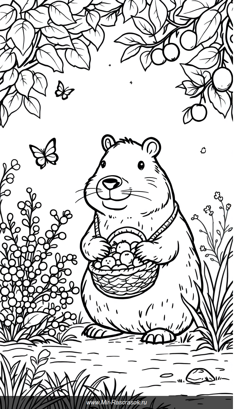 Дружелюбная капибара с фруктами: раскраска для детей с простой природой
