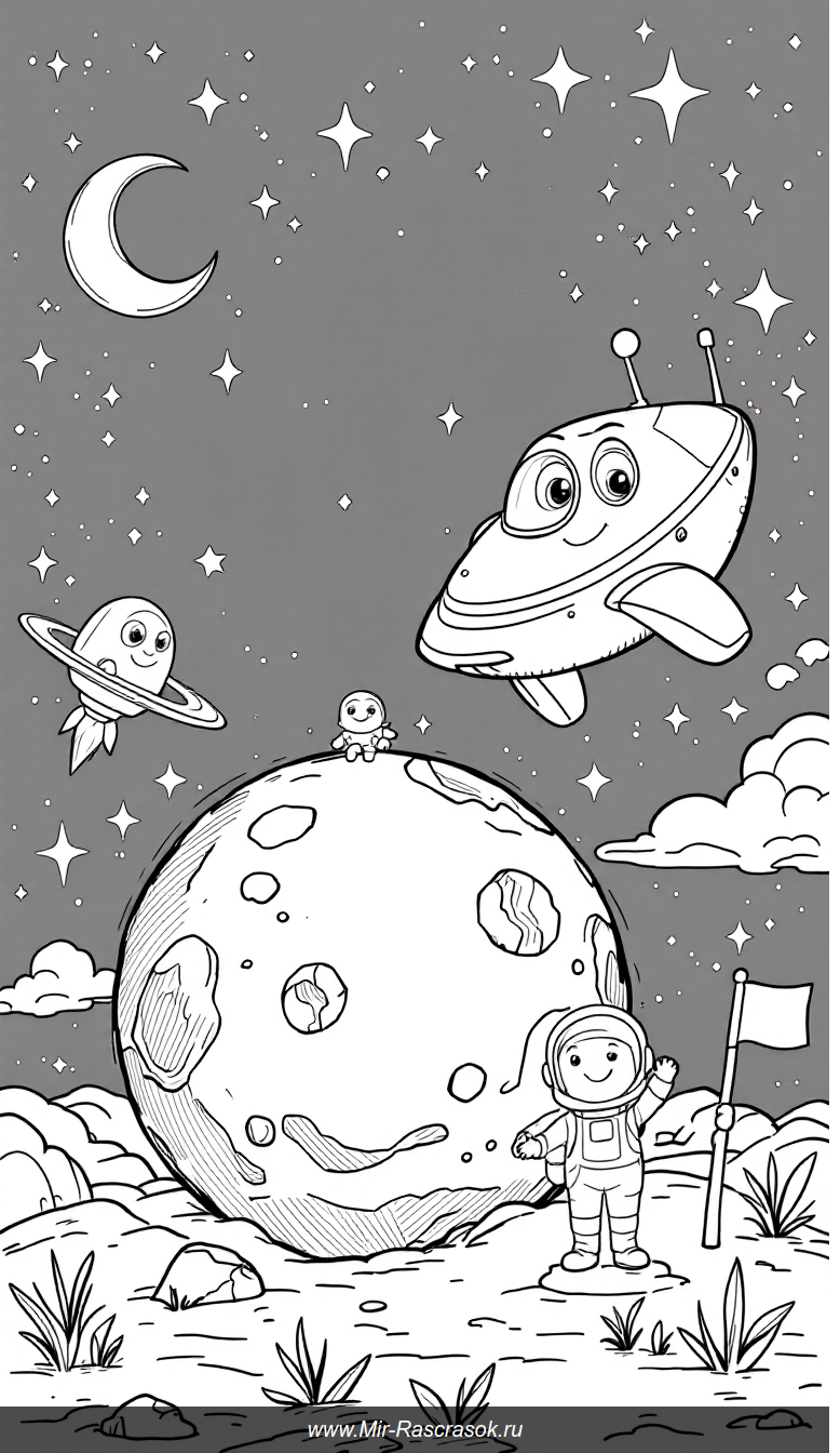 Веселая космическая раскраска для детей с улыбающимся кораблем и астронавтом