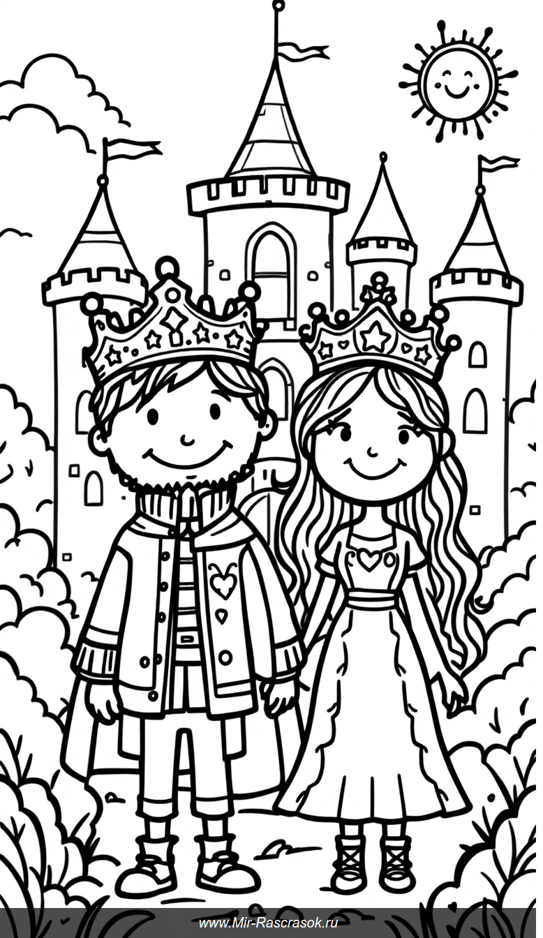 Раскраска с веселым принцем и принцессой у сказочного замка для детей