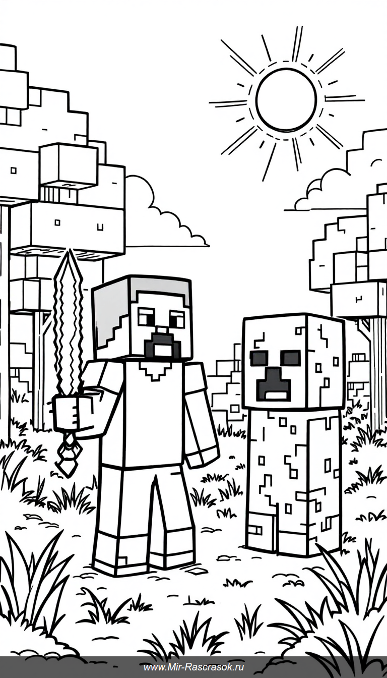 Погрузитесь в мир Майнкрафт вместе с Стивом и Крипером 🌿🗡️ Этот раскрашенный рисунок идеально подходит для детей, которые любят приключения и веселые сцены🎨 Легкие контуры и дружелюбные персонажи помогут развить творческое мышление и принесут радость от творчества. Отличный способ провести время с пользой и весело 🕹️💚