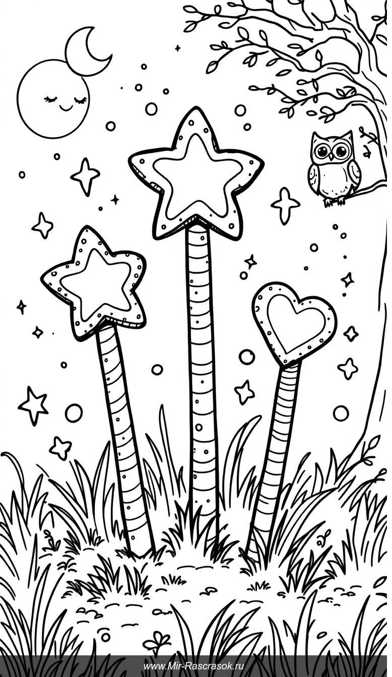 Волшебные палочки и ночные жители в раскраске для детей