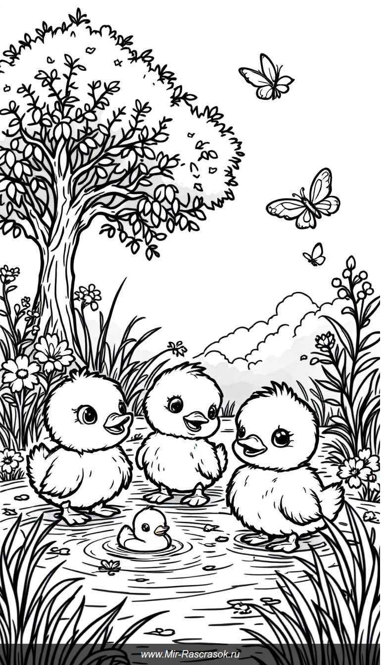 Веселые утята у пруда раскраска для детей с радостными малышами