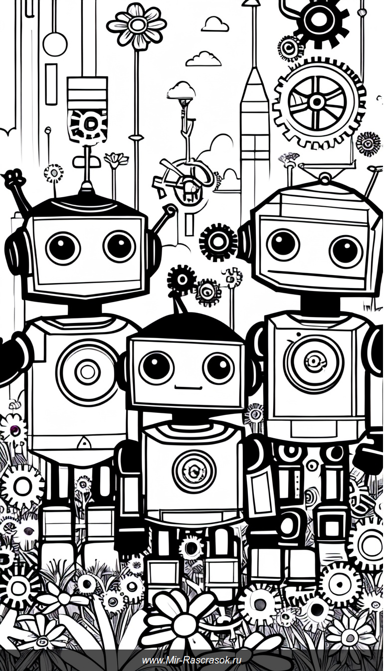 Раскраска с милыми роботами в футуристическом парке