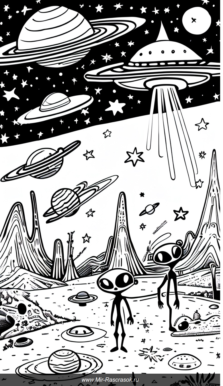 Раскраска с фантастическим инопланетным пейзажем под звездным небом