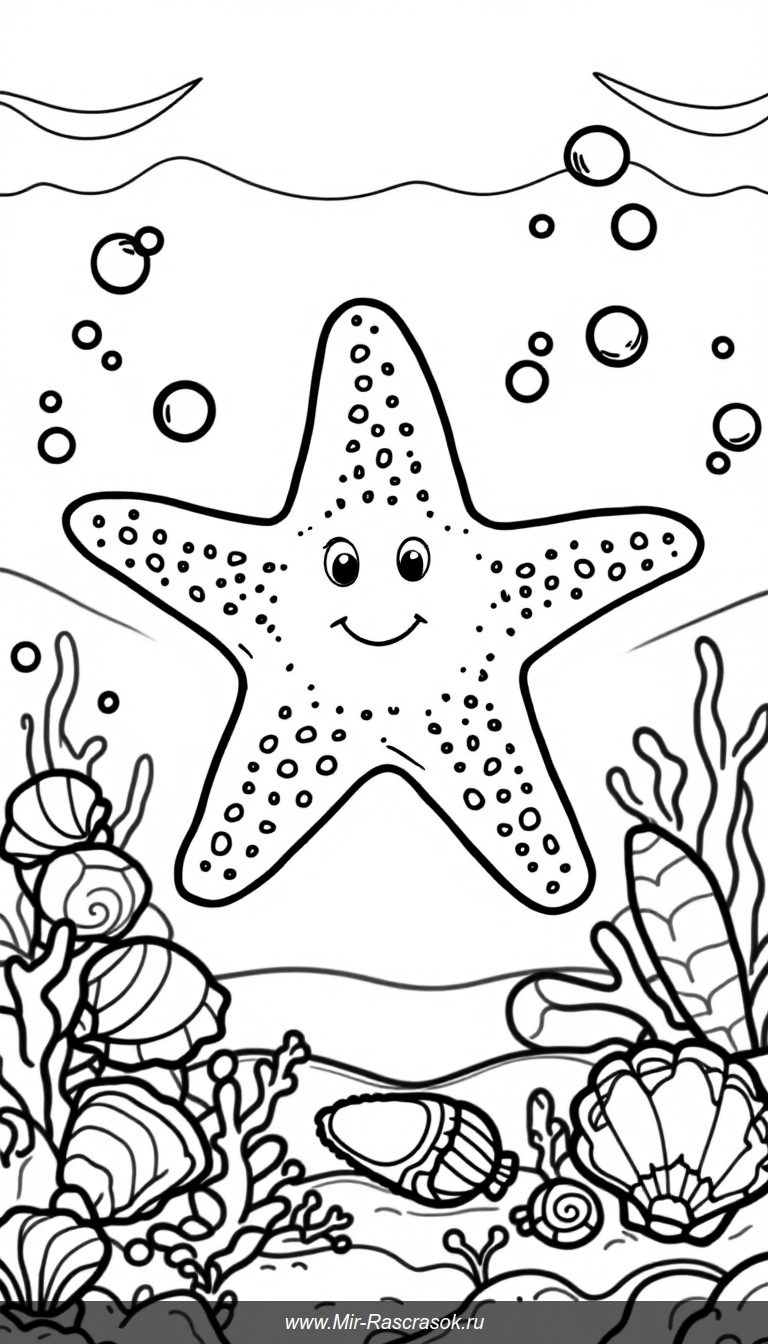 Раскрасьте веселую морскую звезду и красивые ракушки 🐚🌟 Эта простая и дружелюбная сцена идеально подходит для детей 🌊 Погрузитесь в подводный мир и развивайте творчество с раскраской в черно-белом стиле 🎨 Идеально для малышей и начинающих художников!