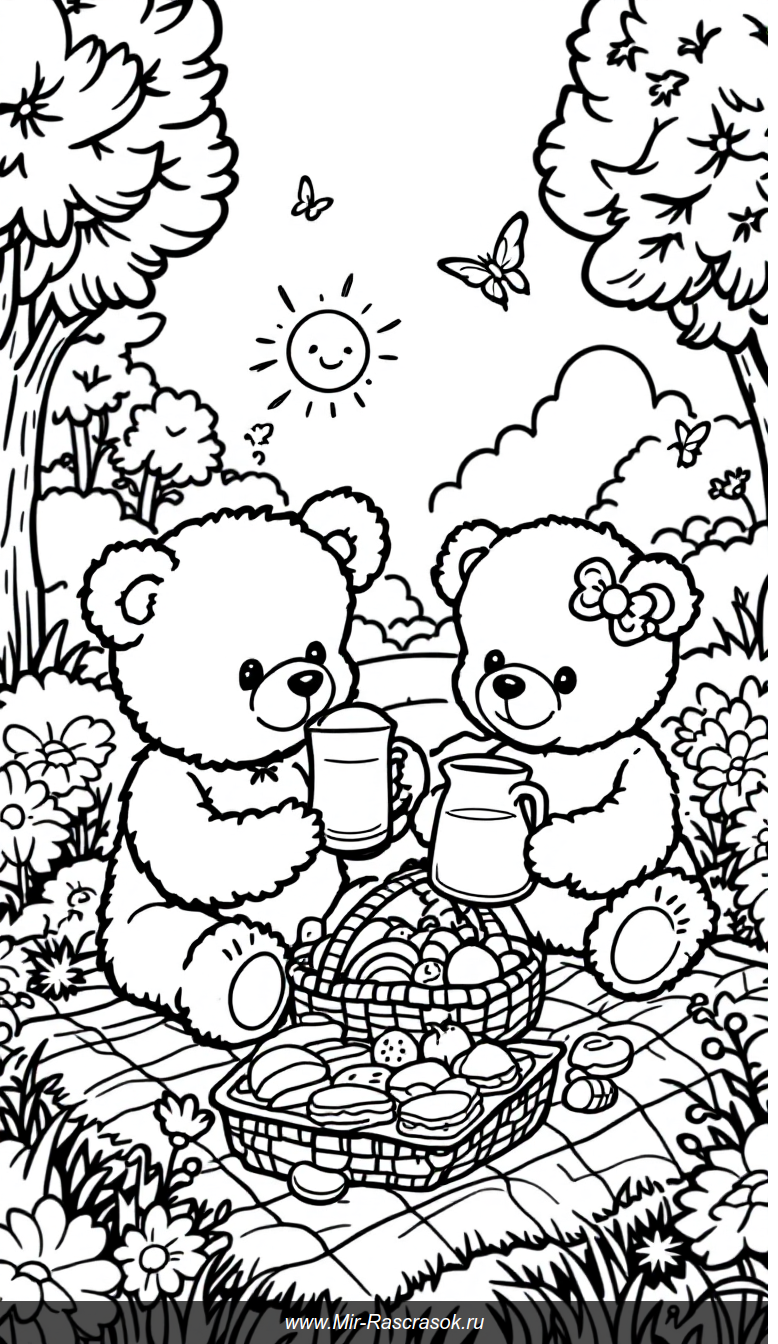 Два медвежонка на пикнике в солнечном парке для детской раскраски