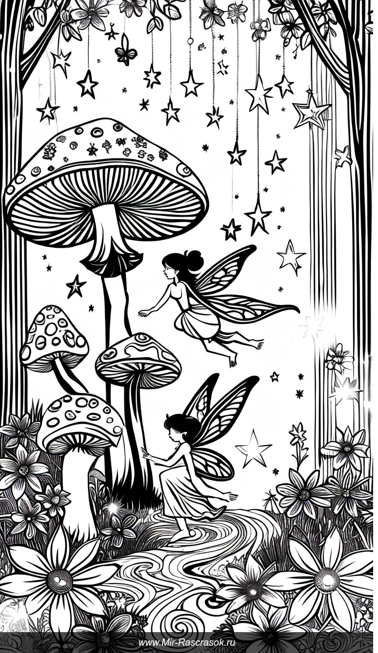 Волшебные феи и сверкающий грибной лес в раскраске мечты