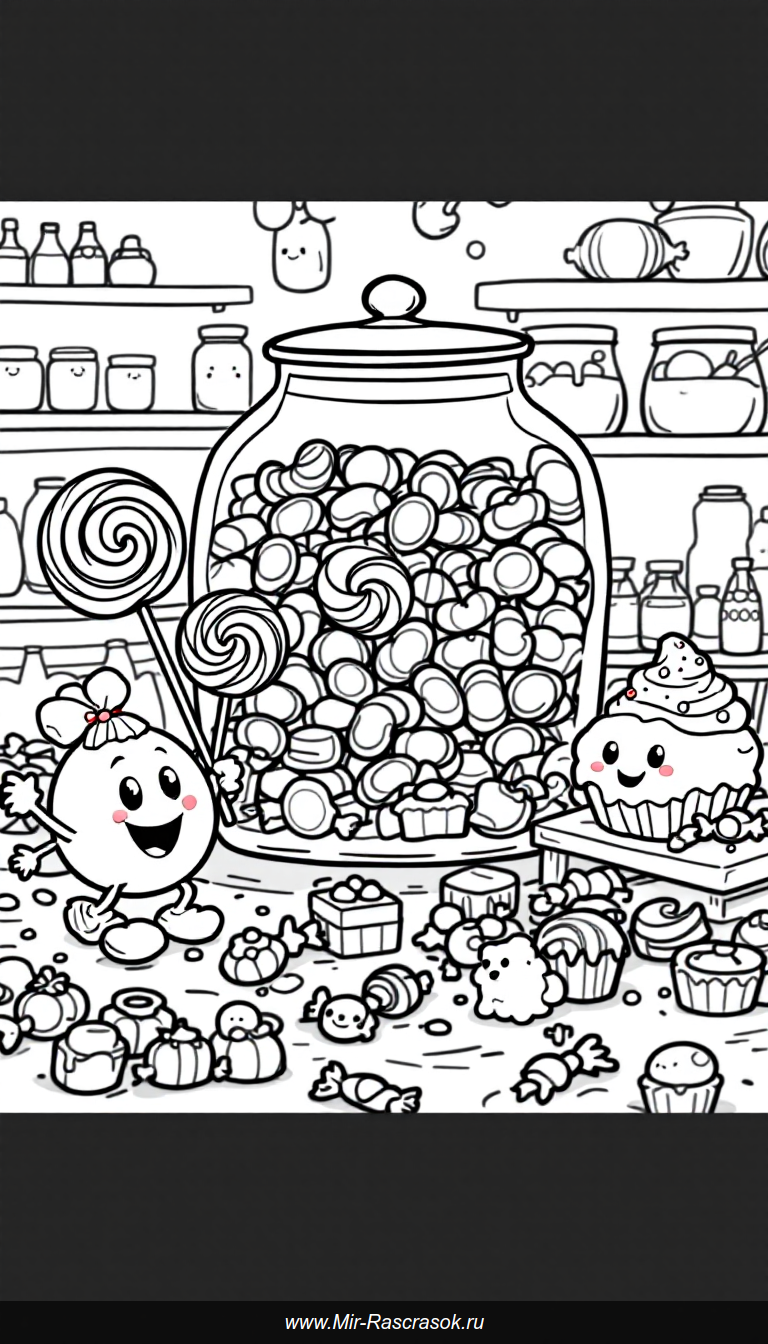 Погрузитесь в радость с нашим раскрасками леденцами и сладостями🍭 Цветные фантазии оживают в простых и весёлых картинках для детей🎨 Развивайте творчество и радуйтесь ярким моментам вместе с любимыми сладостями в чёрно-белых набросках🖍 Идеально для малышей, кто обожает сладкое и творчество🍬