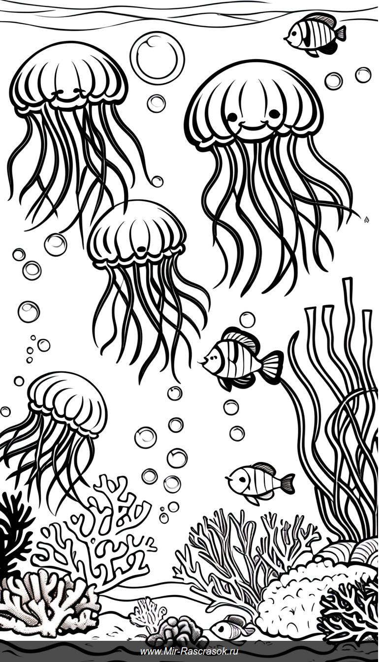 Веселое подводное царство в раскраске с улыбающимися медузами и игривыми рыбками