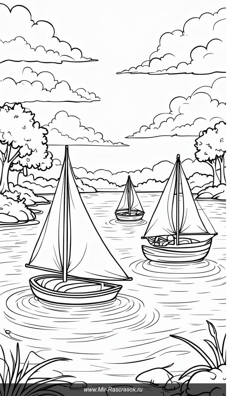 Книга раскрасок Уютный пейзаж у湖 с гсливающими лодками