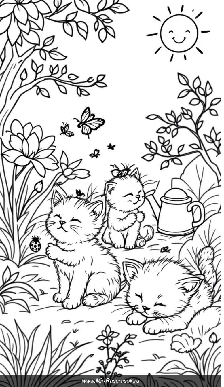 Три котёнка в солнечном саду Раскраска для юных художников