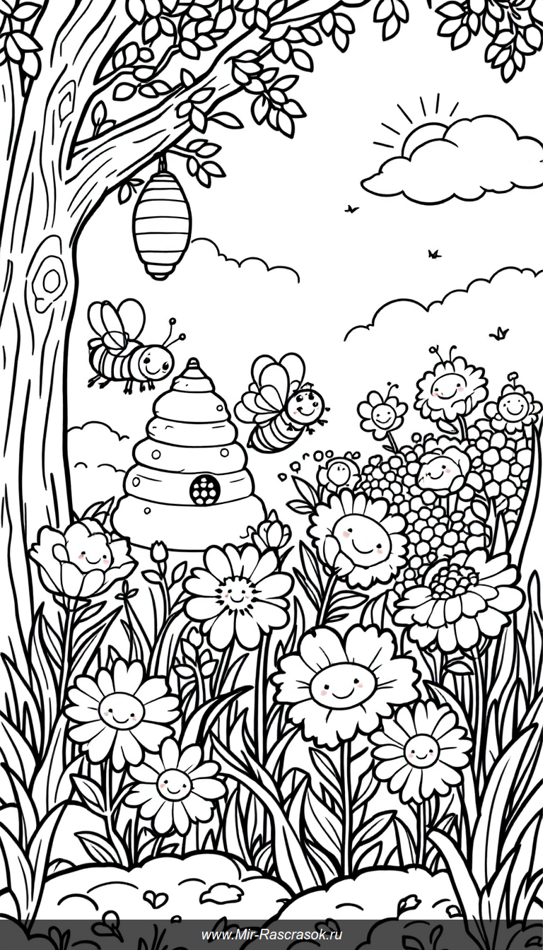 Весёлый сад с улыбающимися пчёлками для детней раскраски