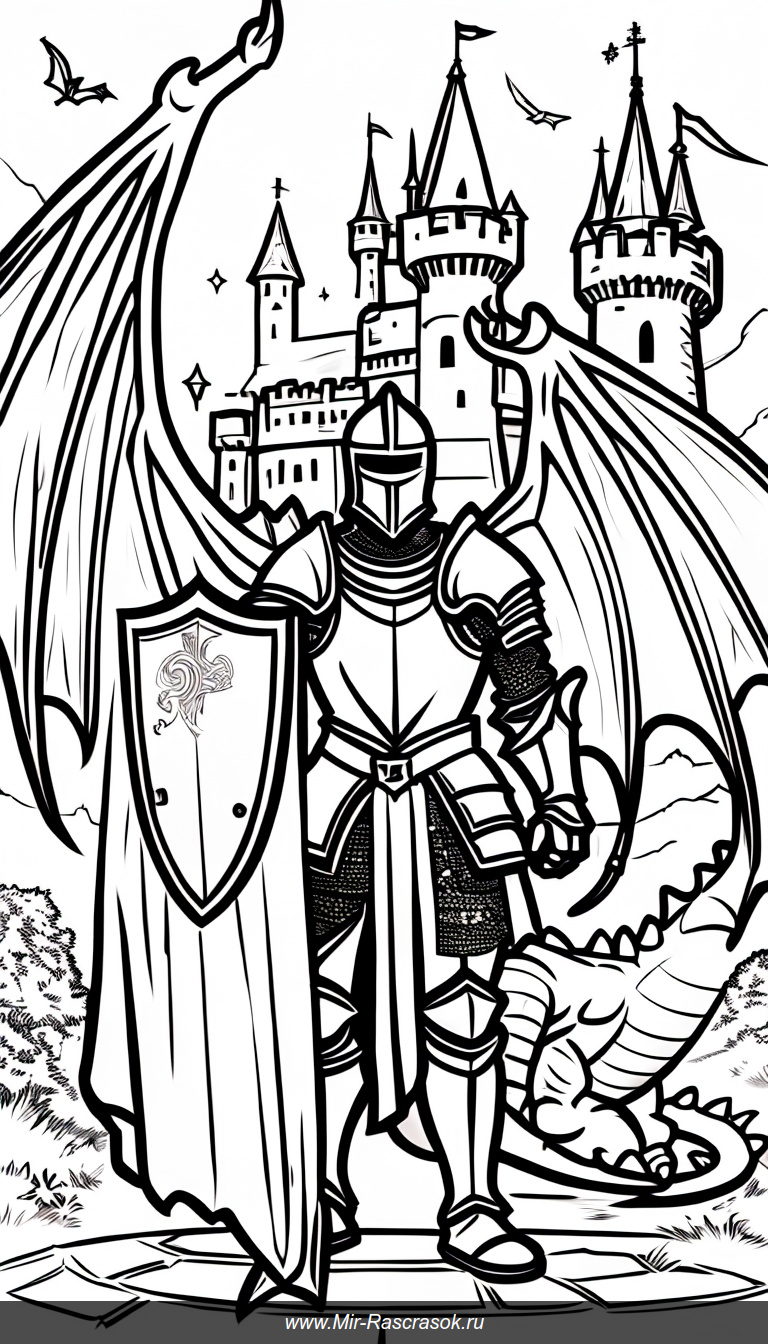 Раскраска отважный рыцарь и дружелюбный дракон у волшебного замка