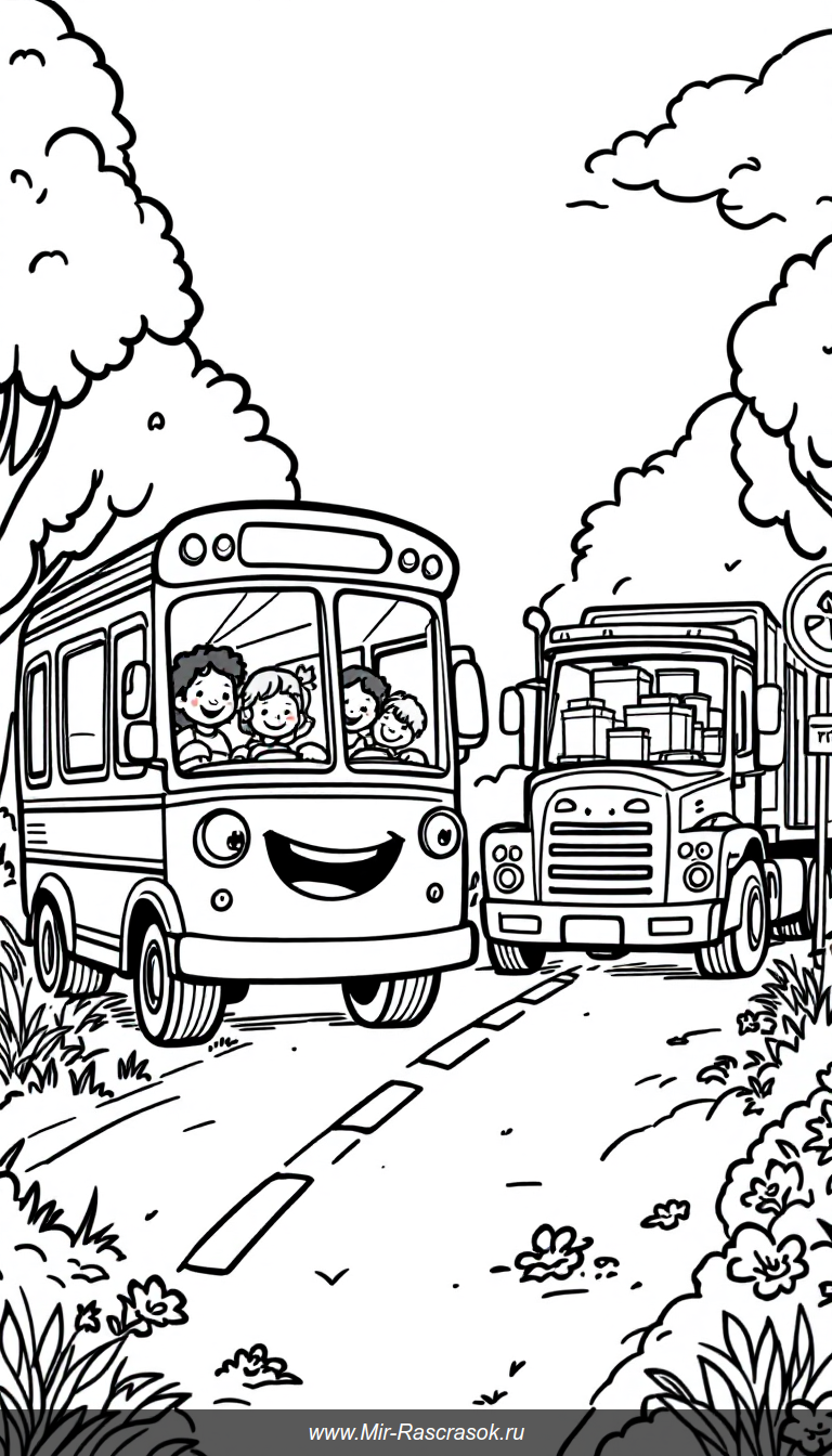Весёлые грузовики и автобусы для детской раскраски