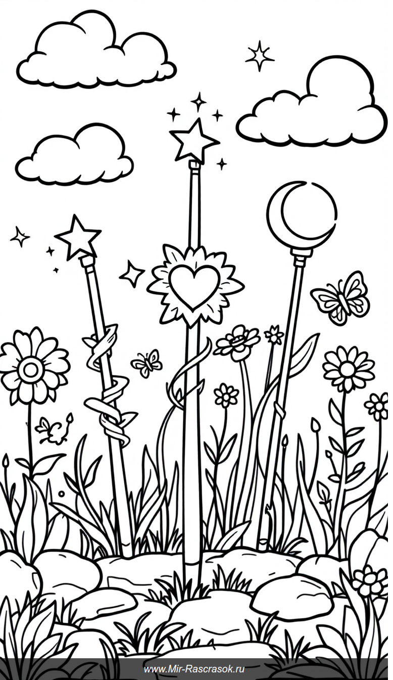 Волшебный сад для раскрашивания с тремя волшебными палочками и бабочками