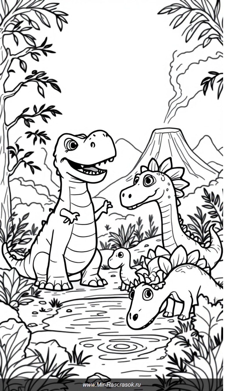 Радостные динозавры в доисторическом парке раскраска для детей