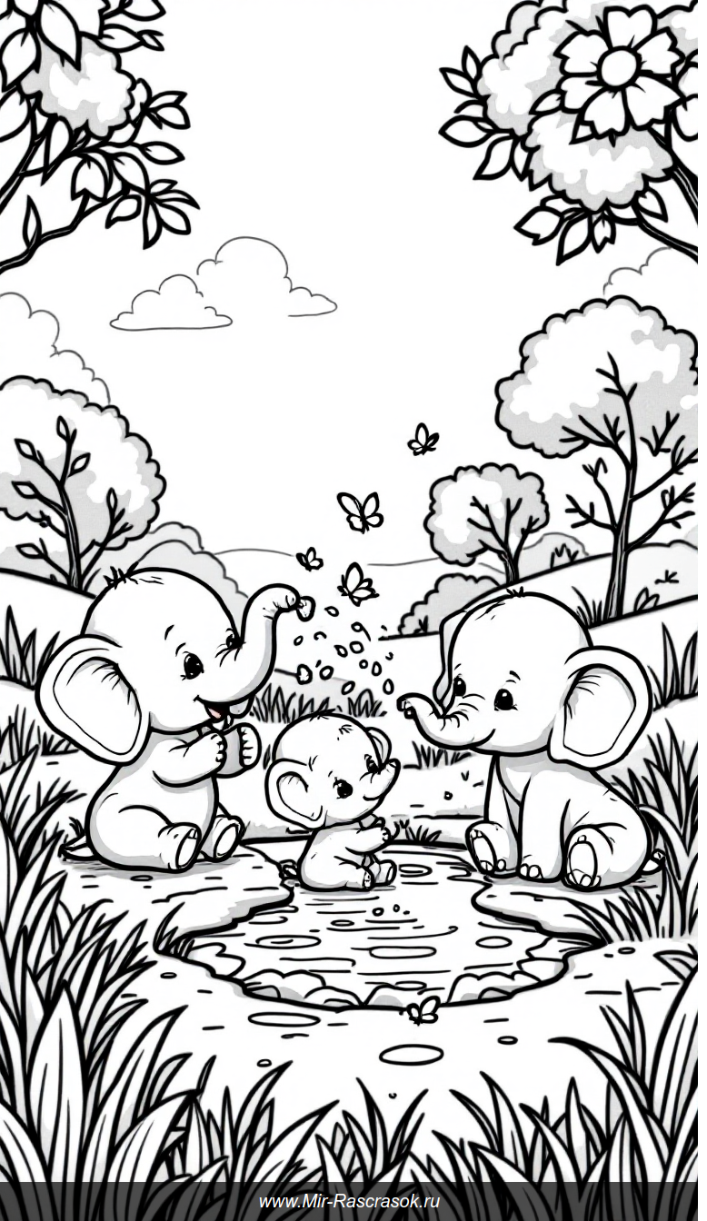 Раскраска с трёх маленьких слонят играющих в солнечном лугу