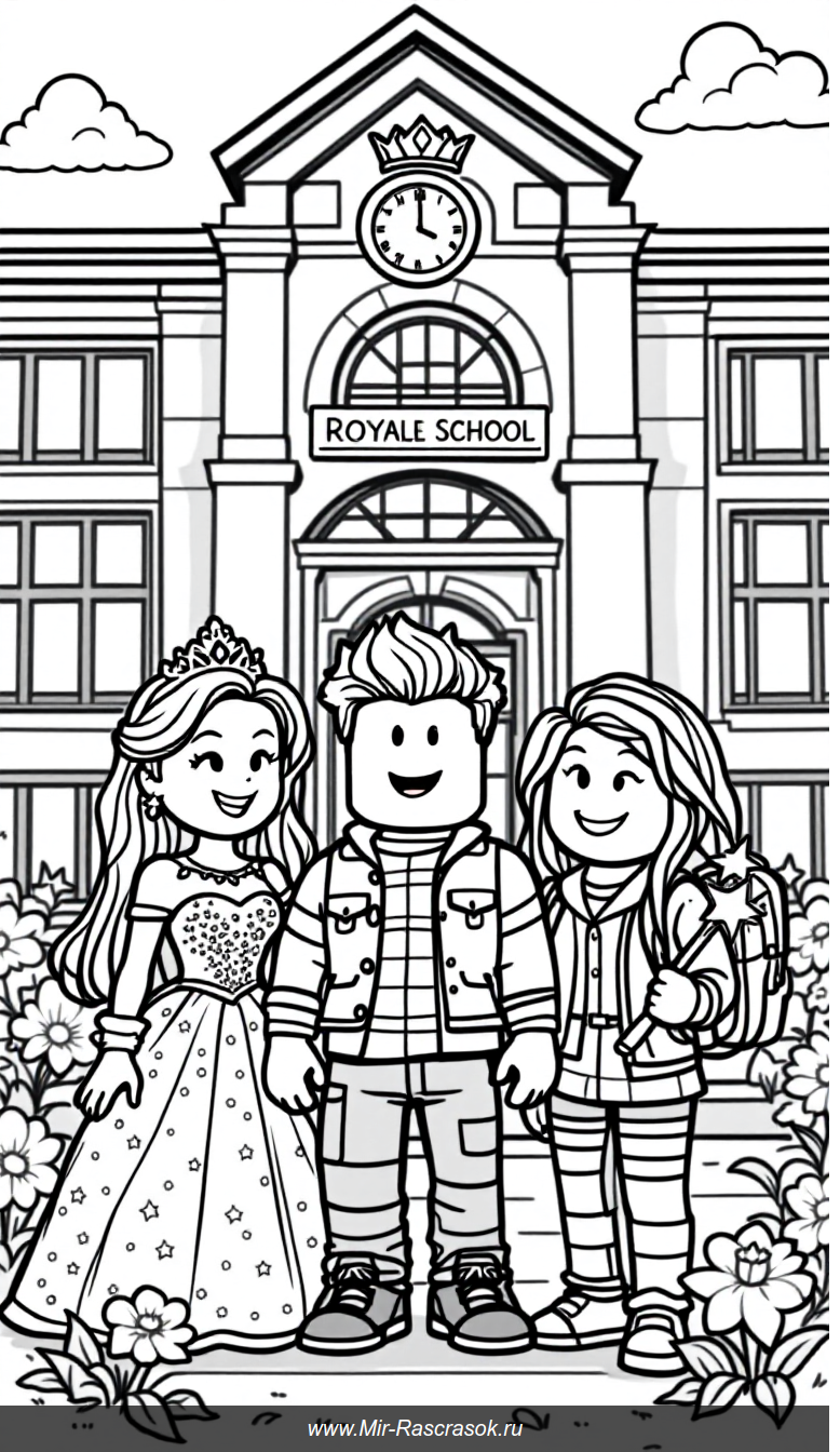 Раскраска Дружная сцена у Школы Royale High в Roblox для детей