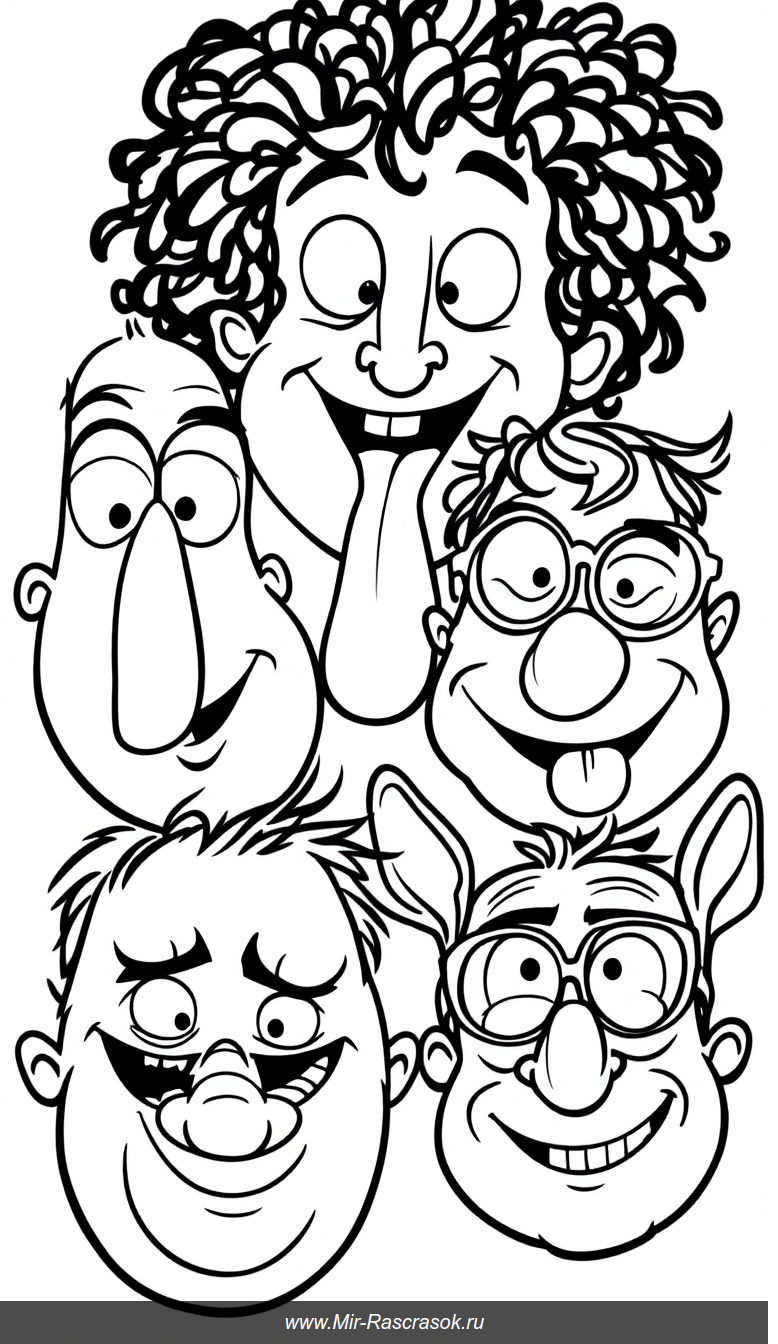 Весёлые лица для раскраски с забавными эмоциями для детей