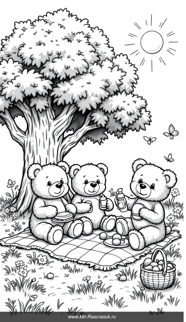Дружеский пикник плюшевых мишек раскраска для детей