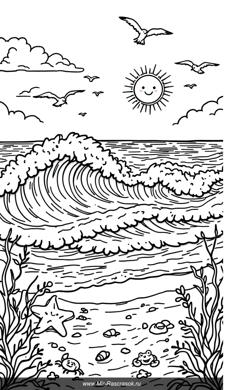 Радостный морской пейзаж для детской раскраски с весёлыми волнами и пляжными обитателями