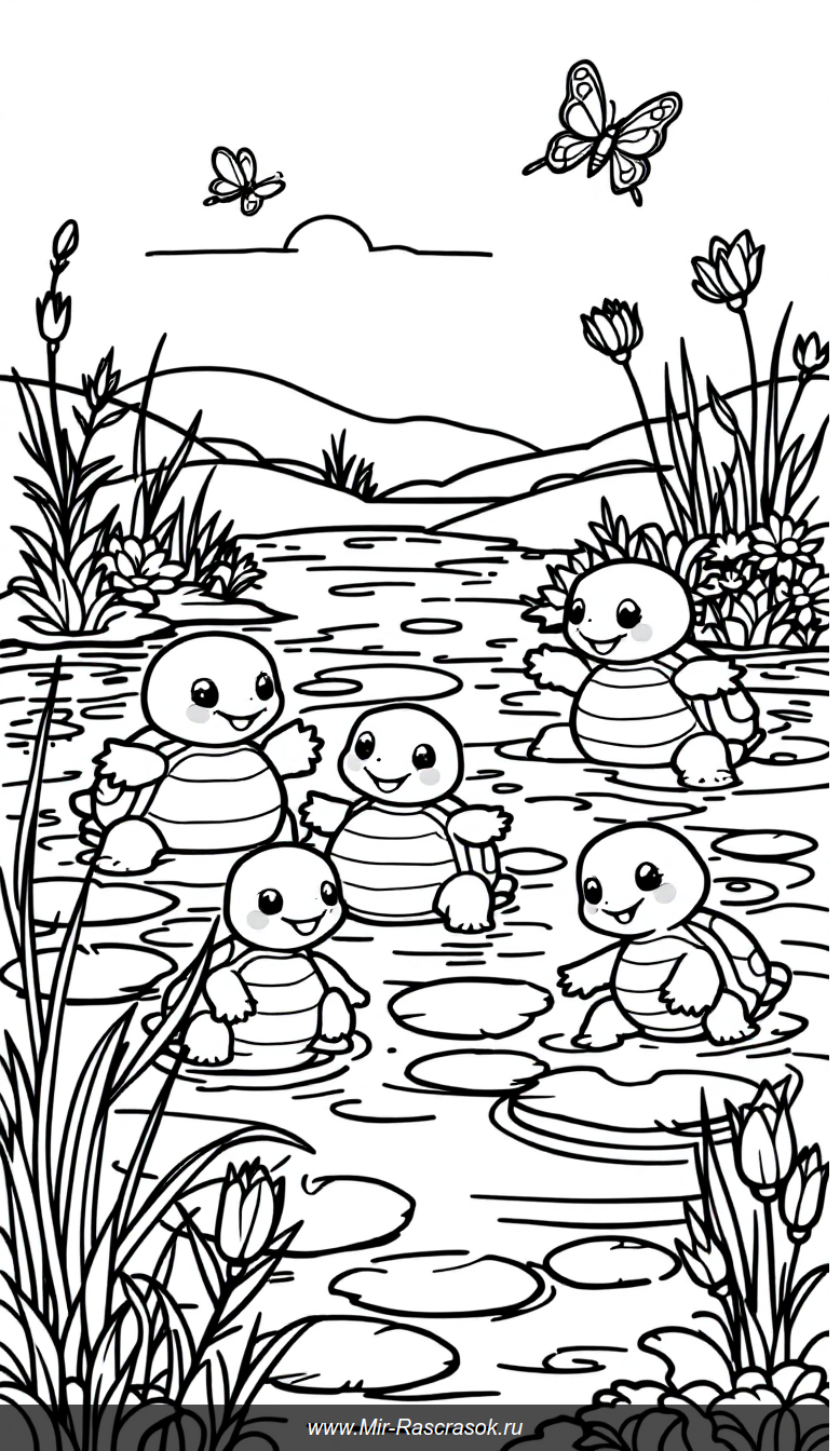 Веселые черепашки в солнечном пруду для детской раскраски