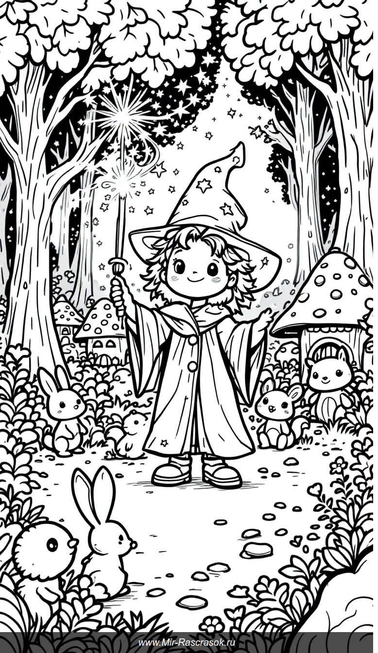 Волшебный лес с веселым юным волшебником для раскрашивания