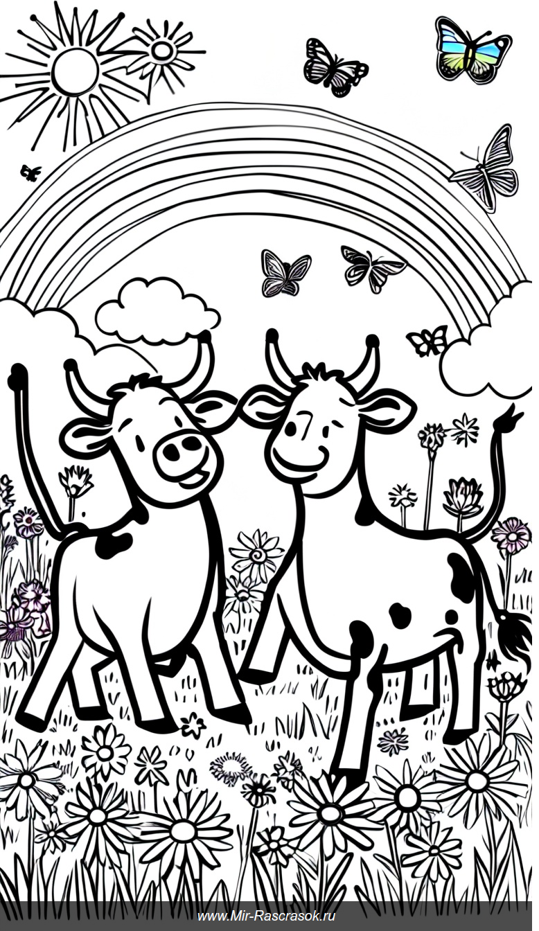 Веселые коровы на лугу радуют в раскраске с цветами и радугой