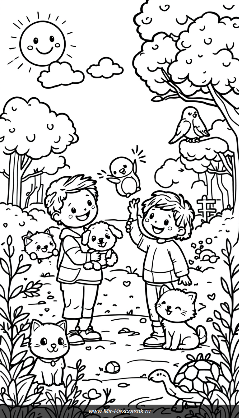 Веселая раскраска в парке с детьми и дружелюбными питомцами