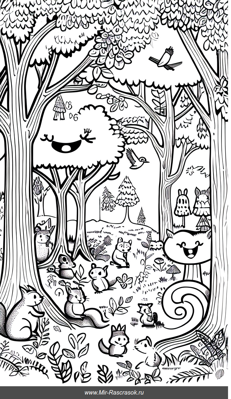 Волшебный лес для раскрашивания Дружелюбные деревья и лесные жители