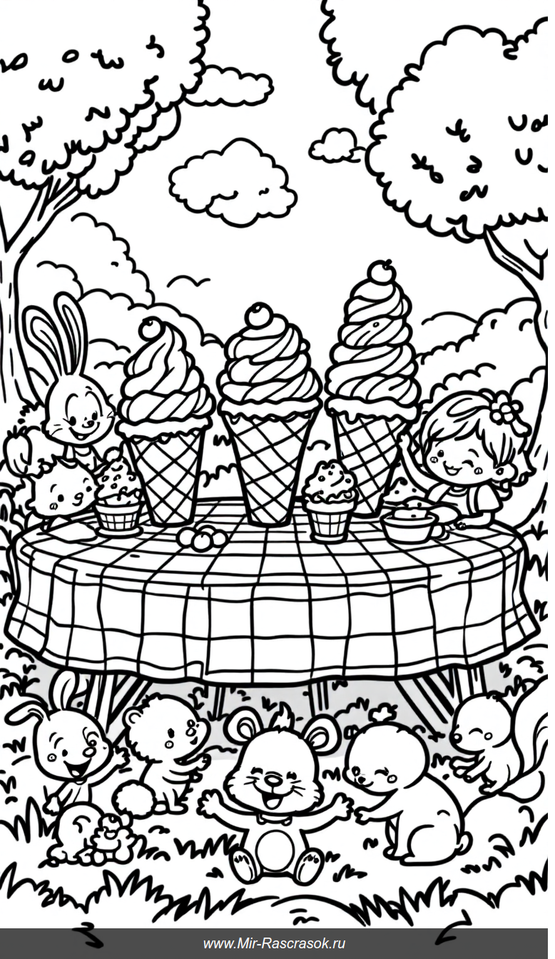 Весёлый пикник с десертами для раскрашивания детям