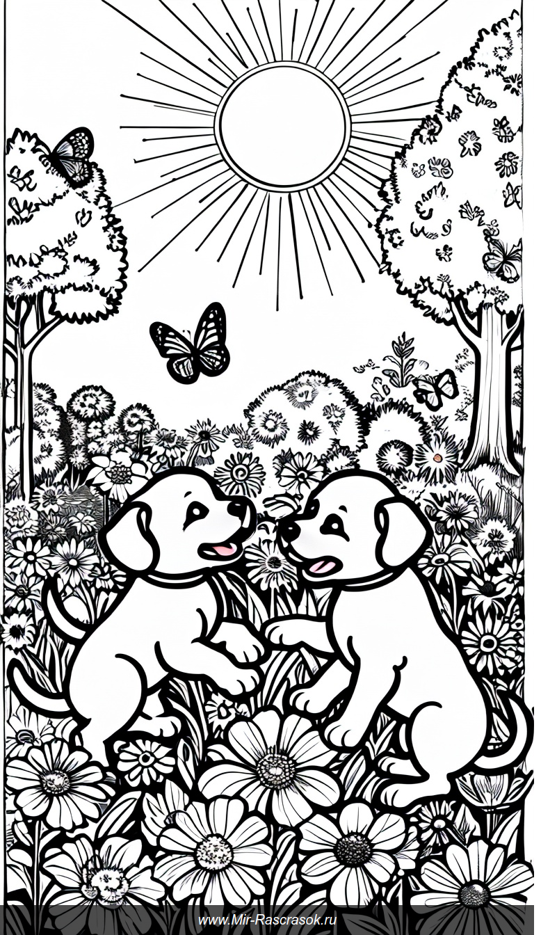 Раскраска с веселыми щенками в саду среди цветов и бабочек