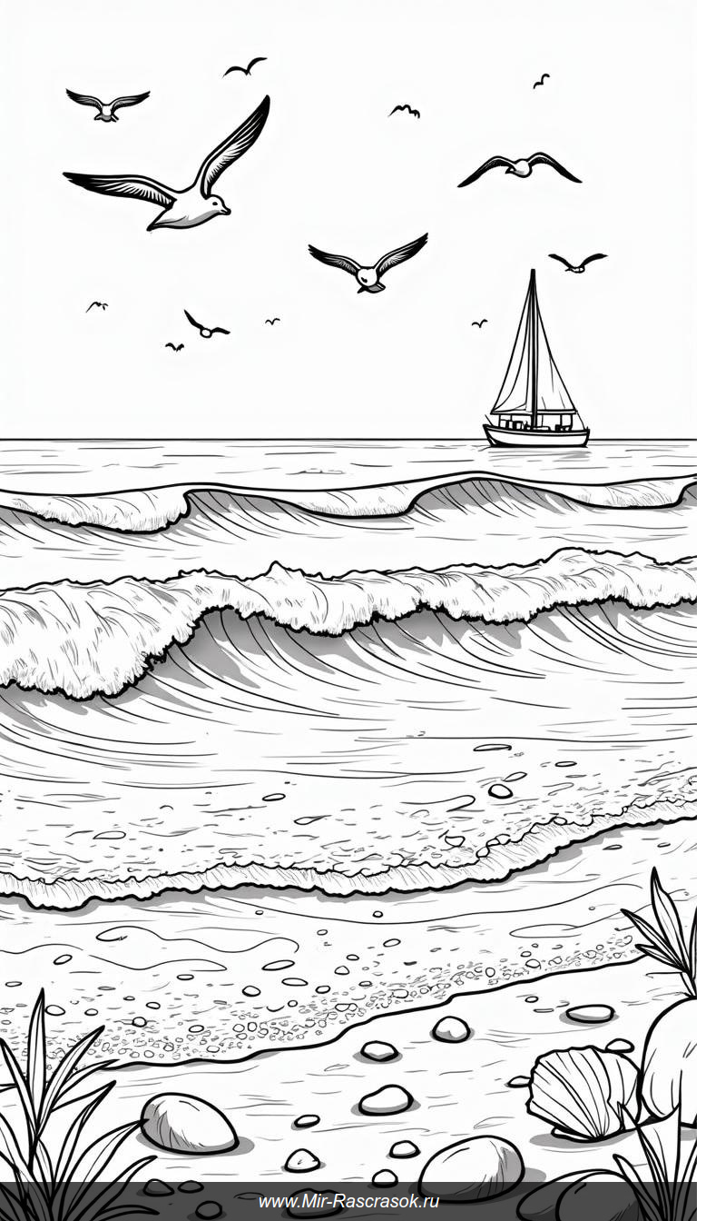 Морские волны с дельфинами и чайками