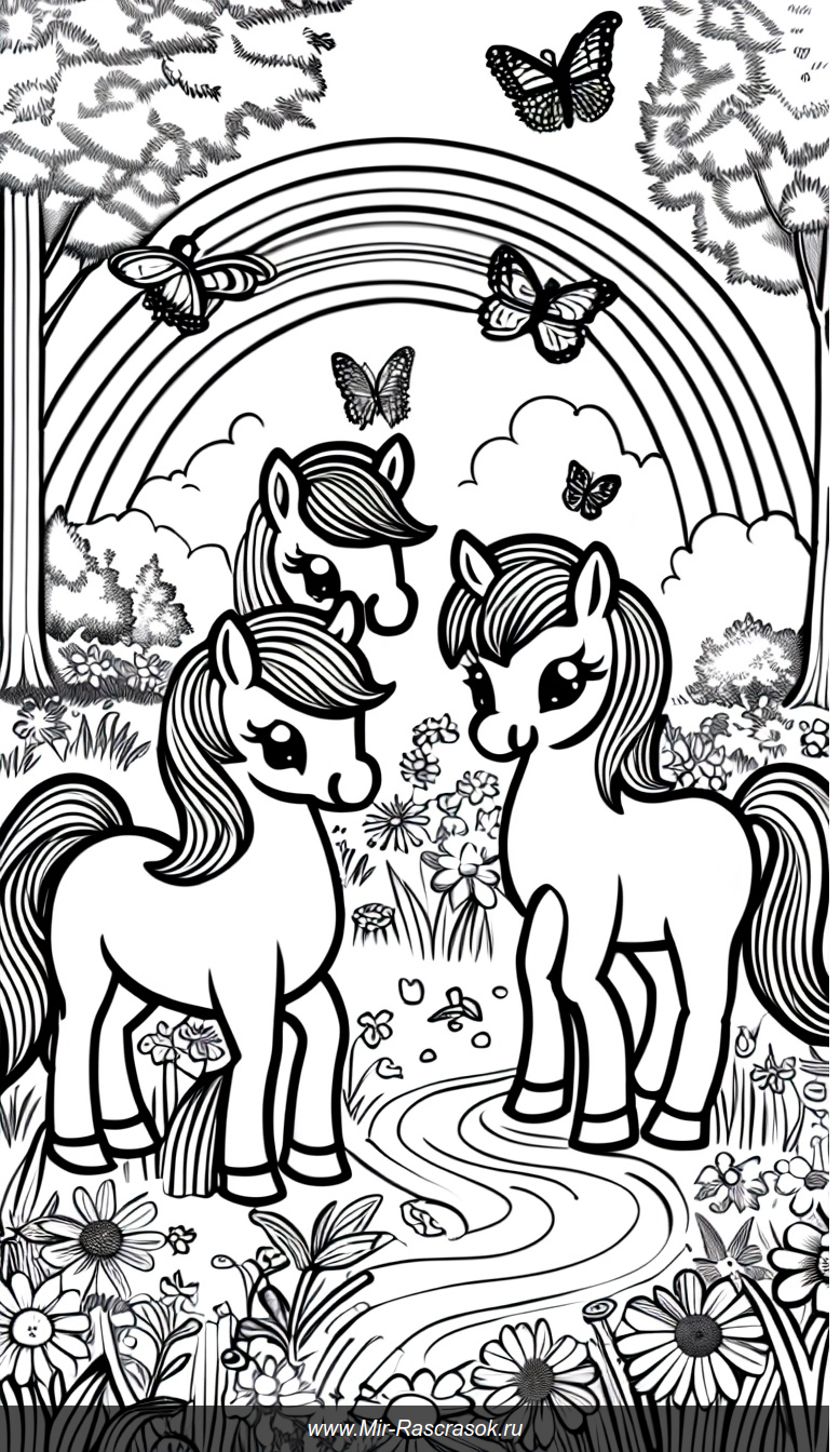 Раскраска с милыми пони в цветущем лугу и волшебной природе