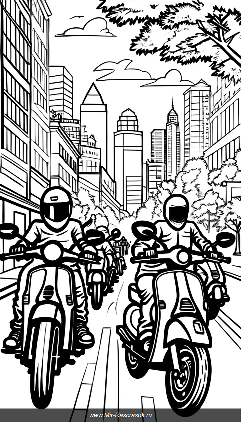 Раскраска Городской Улицы с Мотоциклами и Самокатами в Движении