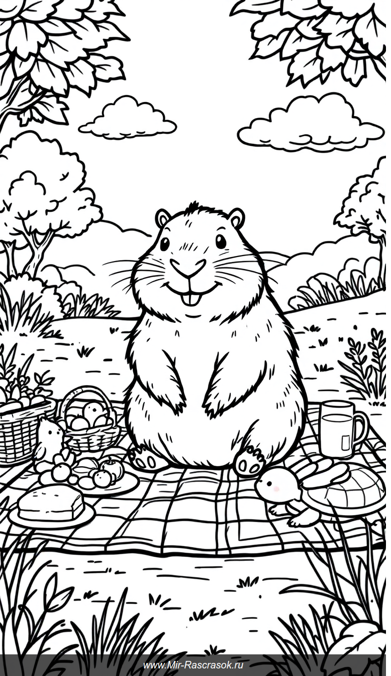 Весёлое пикниковое приключение капибары и её друзей для раскрашивания