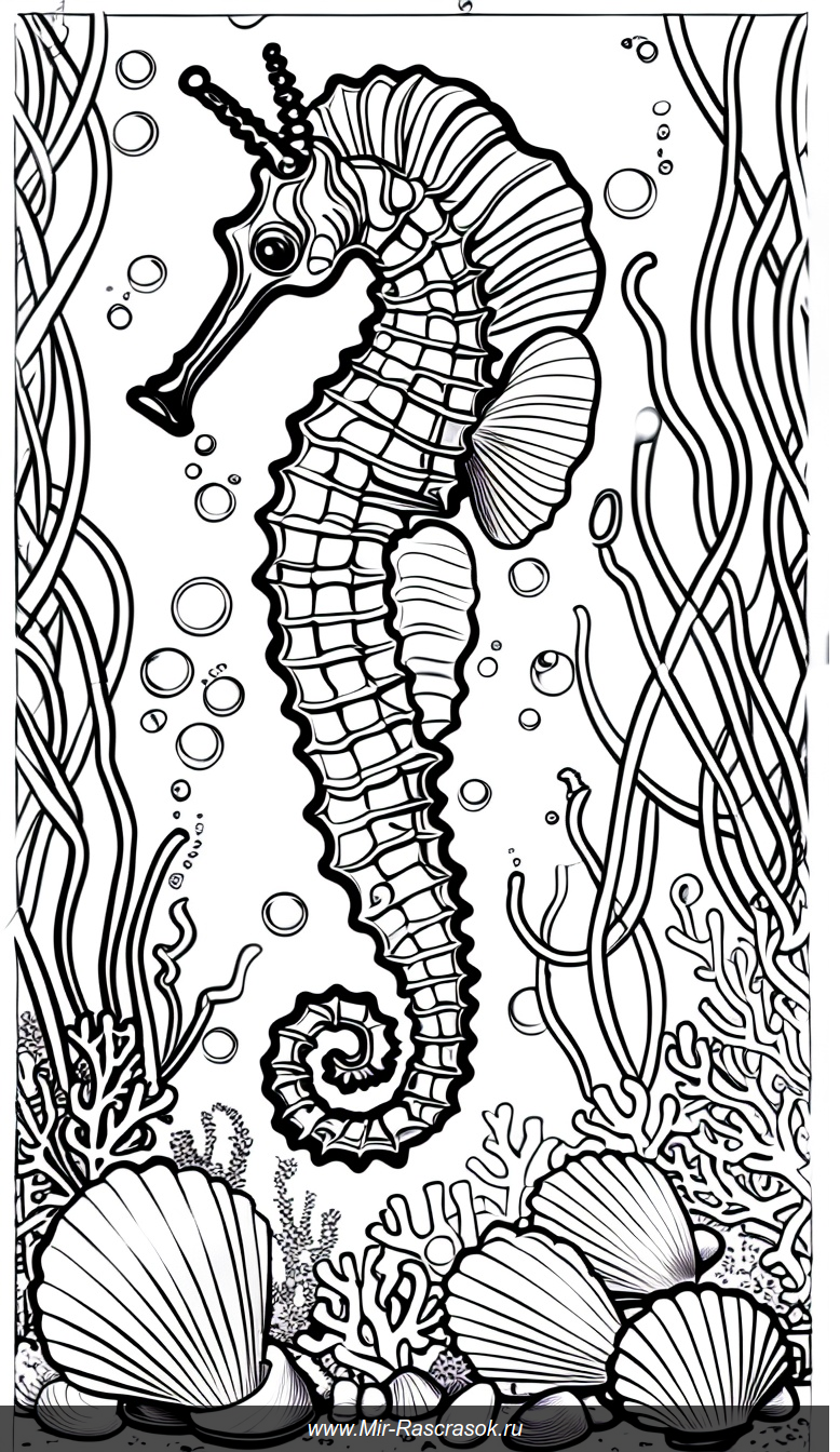 Раскраска с изящными морскими коньками в коралловом рифе для детей