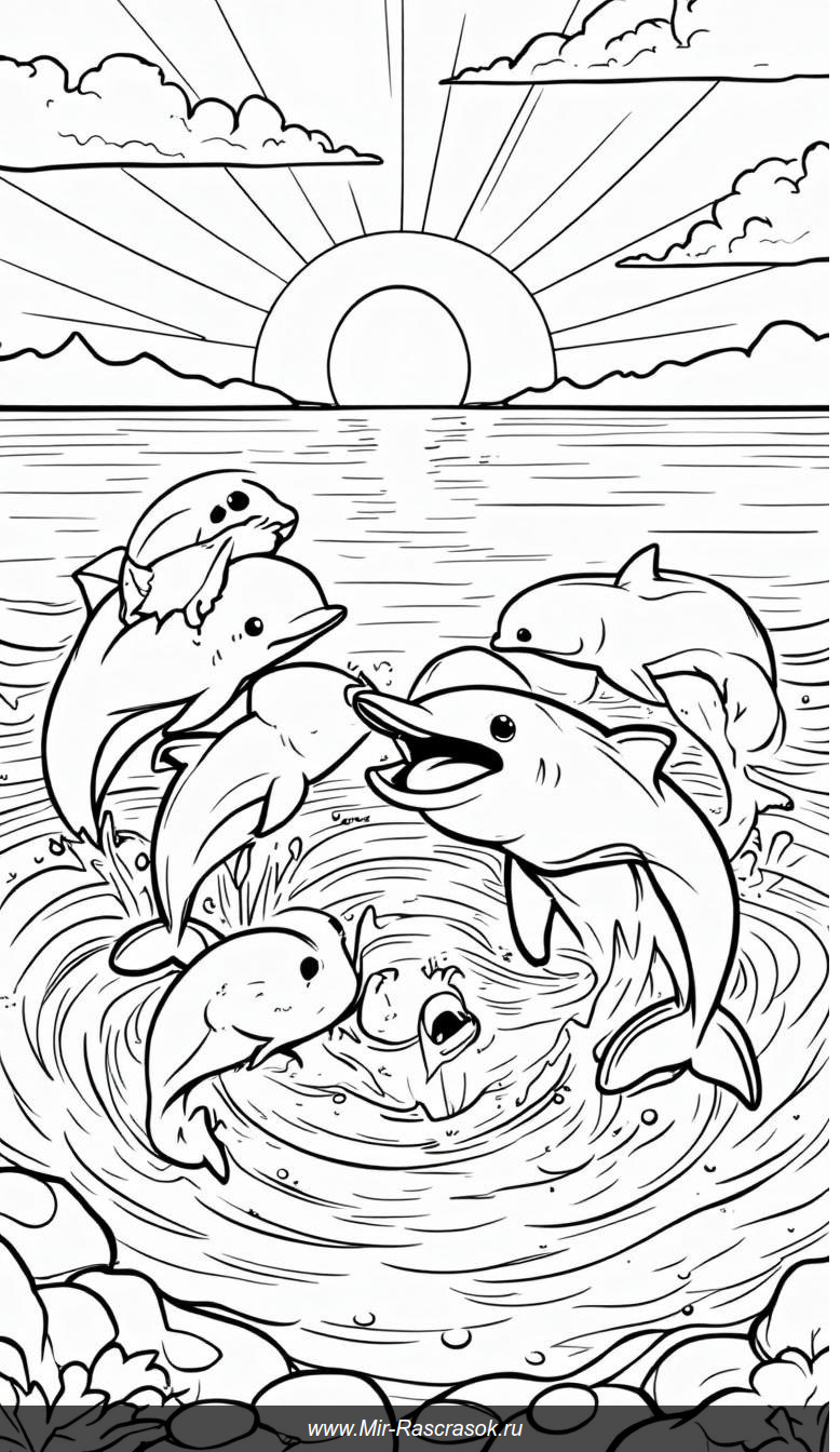 Красочные дельфины и киты на фоне заката в океане