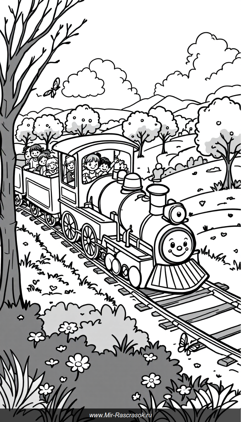 Весёлый паровозик в солнечном крашеном путешествии по полю