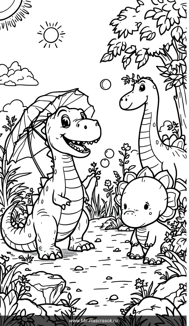 Веселые динозавры в доисторическом солнечном парке для раскрашивания