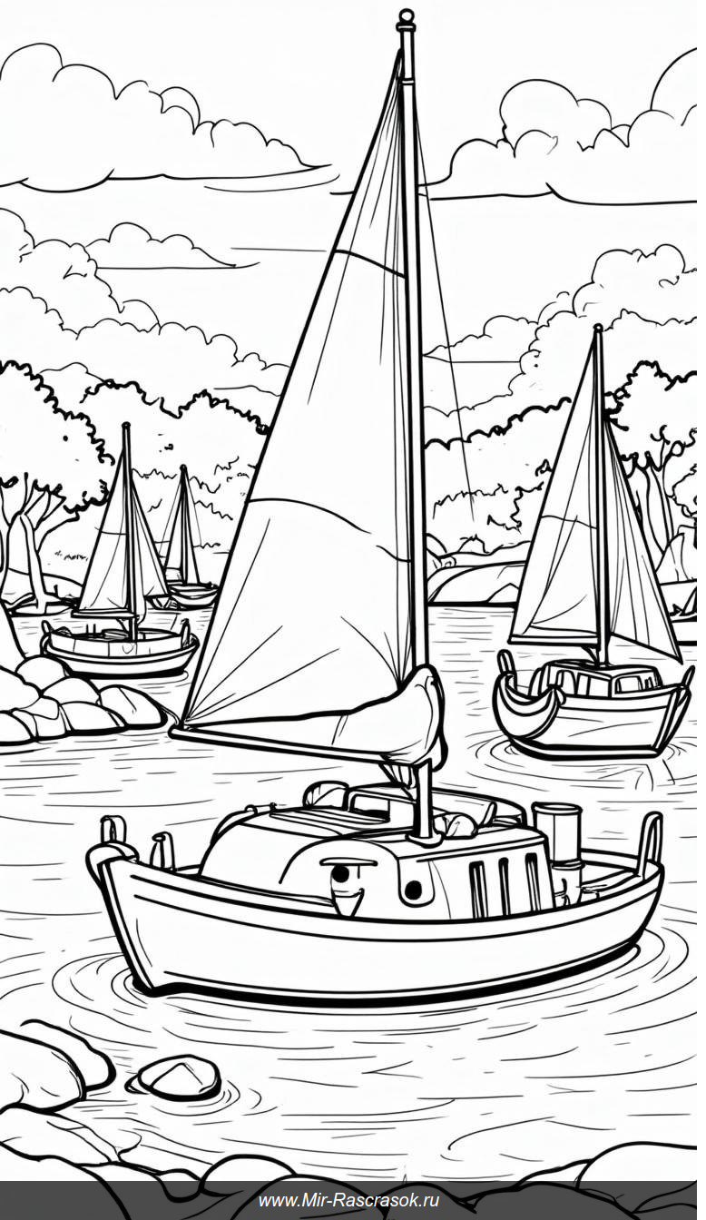 Раскраска: Уютная гавань с разноцветными парусниками