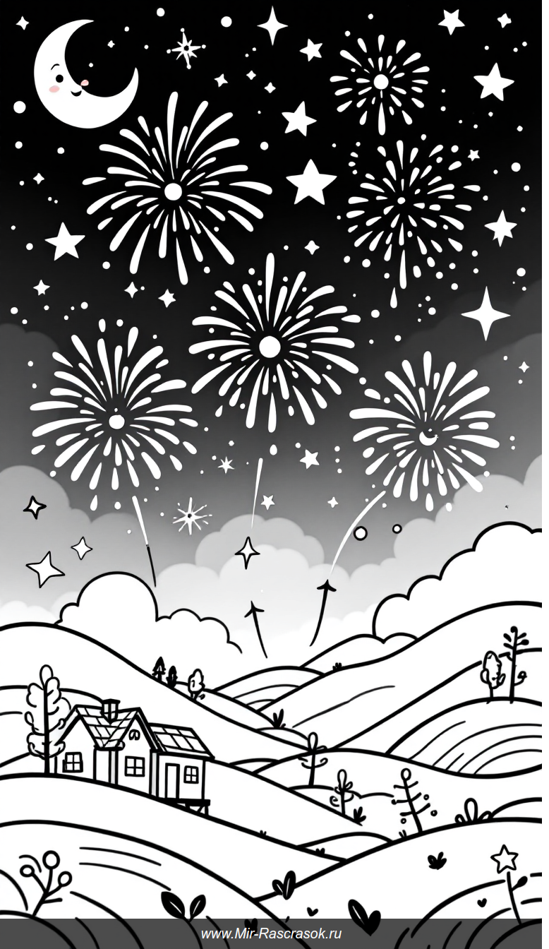 Весёлый праздник ночного неба для детского раскрашивания