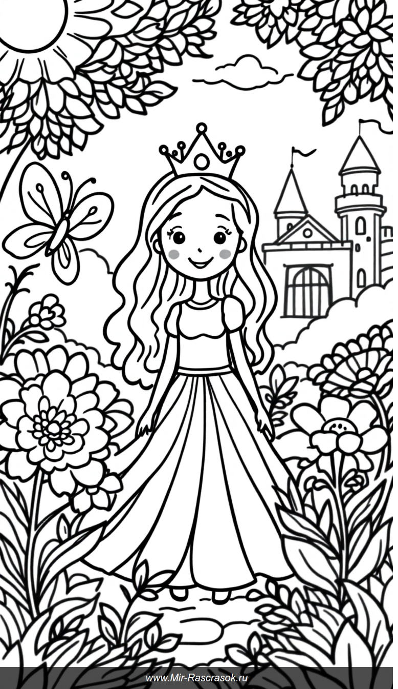Веселая принцесса в солнечном саду раскраска для детей