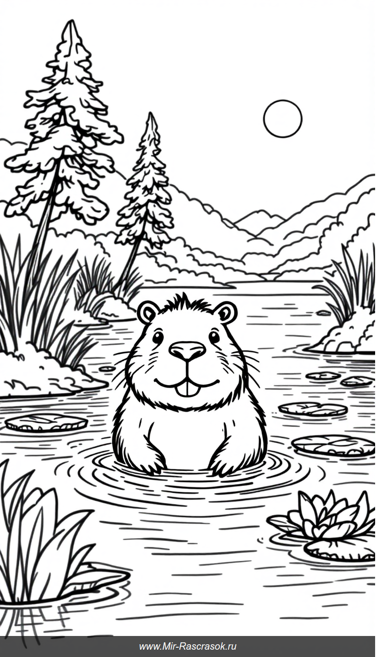 Дружелюбная капибара в реке Раскраска для детей с простыми линиями